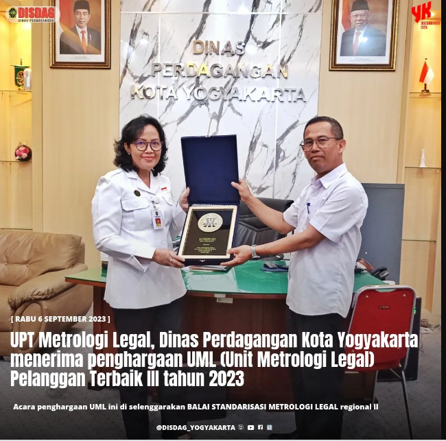 UPT Metrologi Legal, Dinas Perdagangan Kota Yogyakarta Menerima Penghargaan UML Pelanggan Terbaik III Tahun 2023